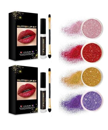 Sheglittary Glitter Lip Kit 4 Colors Cosmetics Glitter Lip Kit Diamond Glitter Lip Kit Lipgloss for Women Glitter Lip Kit From with Lip Primer And Brush(2sets)