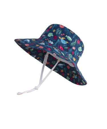LANGZHEN Beach Sun Protection Hat for Baby Girls Adjustable Toddler Kids Hat Wide Brim Summer Play Hat with Chin Strap Undersea World-Navy 2-4 Years
