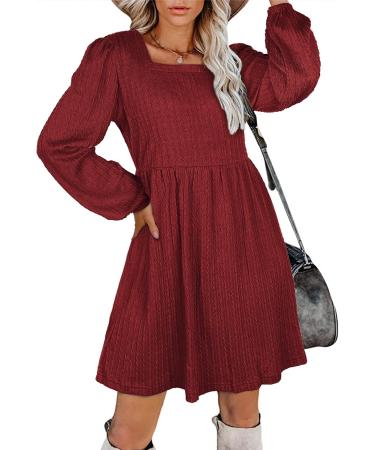 Aokosor Long Sleeve Red Knit Babydoll Dress - Square Neck Knee-Length Jumper - Buy Online on GoSupps.com