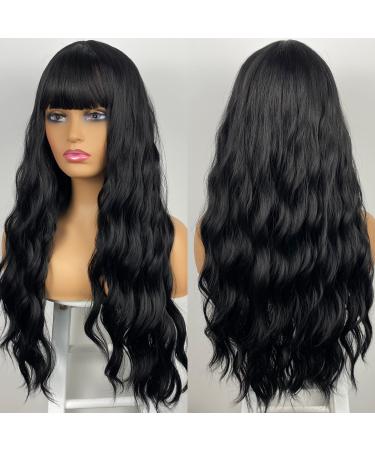 MIMISERVICE Long Wig with Bangs  Long Wavy Black Wigs for Women Heat Resistant Synthetic Wave Wig for Party Daily (26 inch)