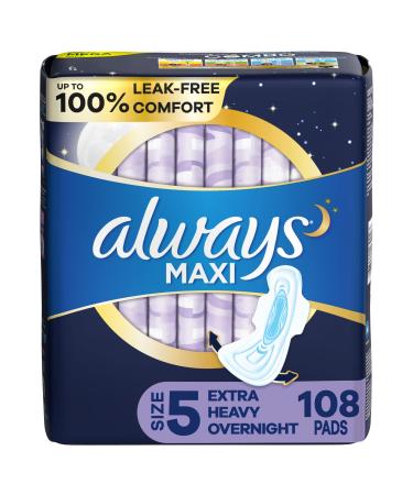 Always Maxi Feminine Pads For Women, Size 5 Extra Heavy Overnight Absorbency, Multipack, With Wings, Unscented, 36 Count X 3 Packs (108 Count Total) Extra Heavy Overnight (Unscented) 36 Count (Pack of 3)