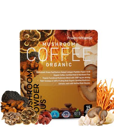 PowderVitamin Organic Mushroom Coffee Certified Mold & Mycotoxin Free GrassFed Collagen Types I & III 8 Fruiting Body Mushrooms Tested for BetaGlucans Focus Energy Digestion & Immunity 15 Servings Coffee 4.5 Ounce (Pack of 1)