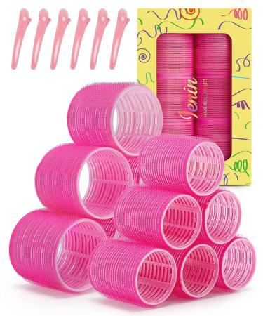 IENIN Self Grip Hair Rollers 18 Packs 2 Sizes Velcro Hair Curlers Set with Clips Jumbo Hair Rollers for Long Hair Medium and Short Hair Bangs Volume DIY Hairstyle for Holiday Gift for Women Pink