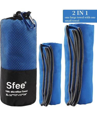 Sfee 2 Pack Microfiber Travel Towel Set - Quick Dry, Super Absorbent, Lightweight - Perfect for Beach, Gym, Hiking, Pool - XL Dark Blue Towels 72x32 + 24x15 - Buy Online on GoSupps.com