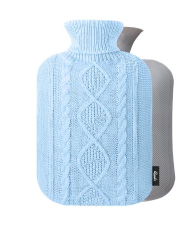 Qomfor Hot Water Bottle with Cover - 1.8L Large - Premium Hot Water Bag with Knitted Sweater Cover - Great for Cramps, Pain Relief & Cozy Nights - Water Heating Pad - Feet & Bed Warmer - Baby Blue