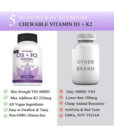 TIMORA Chewable Vitamin D3 K2 6000 IU - Immune and Calcium Support with Highest Potency mk 7 - Easy Swallow for Best Absorption - Cherry Flavor - Bone and Heart Health - Buy Online on GoSupps.com