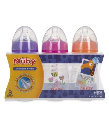 Nuby Tritan Wide Neck Non-Drip Bottles 9oz/270ml 3 Pack - Anti-Colic Air System - 3M - Buy Online on GoSupps.com