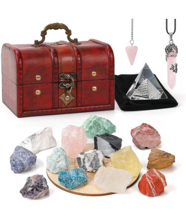 Soulnioi 18Pcs Crystals and Healing Stones Set Include 14 Healing Chakra Stones, Natural Quartz Pendulum, Spiritual Crystal Necklace, Gift Wooden Box for Meditation, Yoga, Collection, Girlfriend, Lady Type 2