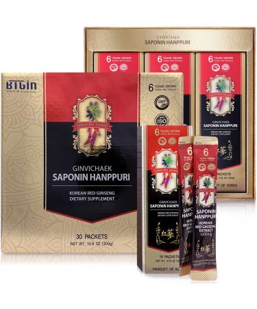 BTGIN Korean Red Ginseng Extract 3000mg Everyday Saponin Hanppuri Immune Booster and Focus Supplement for Brain Enhancement with Ginsenoside Rg3 Panax Ginseng 6 Years Root 30Packets in 1 Set