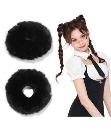 Black Fuzzy Scrunchies Halloween Christmas Scrunchie Hair Accessories Furry Hair Ties for Girls Cute Kawaii Faux Fur Fluffy Ponytail Holder Soft Wristband Costume Decor for Theme Party Black 2 2 Count (Pack of 1)