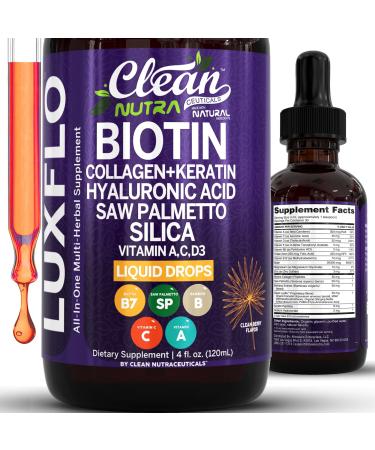 Liquid Biotin & Collagen Keratin Hyaluronic Acid Saw Palmetto Drops Vitamins for Hair Growth Support Silica Vitamin A C D Bamboo Turmeric Zinc Folate Magnesium Horsetail LuxFlo by Clean Nutra 1