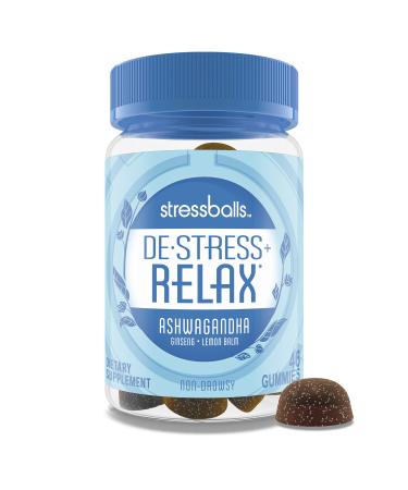 Stressballs De-Stress + Relax with Ashwagandha for Stress Relief Ginseng & Lemon Balm Herbal Blend Non-Drowsy Supplement Gummies, Lemon, 46 Count