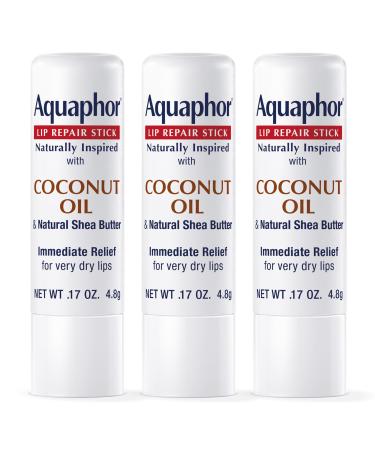 Aquaphor Naturally Inspired Lip Repair Stick with Coconut Oil and Natural Shea Butter Hydrating Lip Balm Immediately Relieves Dryness and Soothes Chapped Lips 0.17 Oz Stick Pack of 3 0.17 Ounce (Pack of 3)
