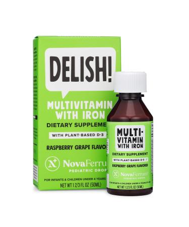 NovaFerrum Delish | Vegan Multivitamin with Iron for Infants  Toddlers & Kids | Immune Support | Organic Plant-Based D-3 | Gluten Free | Vegan Verified | Sugar Free | 1.69 Fl Oz (50 mL)