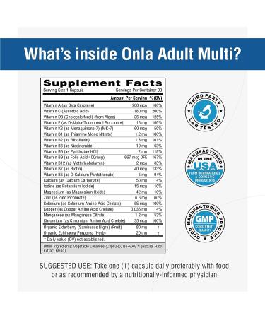 ONLA Vegan Adult Multivitamin for Men & Women | Immune Support with Elderberry & Echinacea | Non-GMO, Gluten-Free (Women's Once-a-Day Capsule, 3 Month Supply) - Buy Online on GoSupps.com