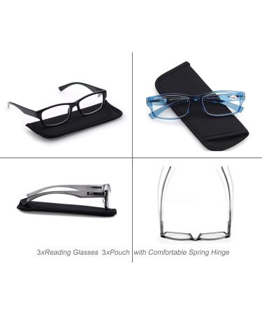 High-Quality 3 Pack Reading Glasses +2.25 for Men & Women | Comfortable Rectangular Design in Black & Blue-Gray | Perfect Reading Aid - Buy Online on GoSupps.com