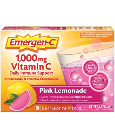 Emergen-C 1000mg Vitamin C Powder with Antioxidants B Vitamins and Electrolytes Immunity Supplements for Immune Support Caffeine Free Fizzy Drink Mix Pink Lemonade Flavor - 30 Count (Pack of 12) Pink Lemonade 9.9 Ounce