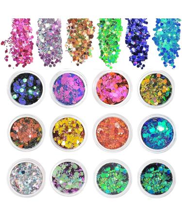 Chunky Glitter 12 Colors Face Glitter Nail Glitter Flakes Holographic Cosmetic Festival Glitter for Face Body Eye Hair Nail Painting and DIY Art