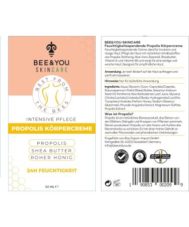 BEE&YOU Natural Propolis Body Cream Raw Honey Daily Moisturizer Gentle Care Aloe Vera Vitamin B5 Vitamin E Shea Butter Sesame Oil No Animal Testing - Buy Online on GoSupps.com