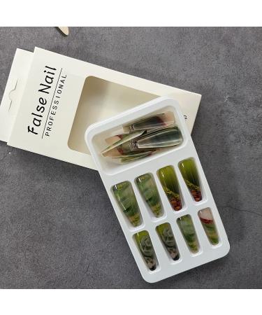 24Pcs Long Coffin Glossy Green Press on Nails with Rose Gold Foil - Full Cover Extra Long Fake Nails for Women (Style 9) - Buy Online on GoSupps.com