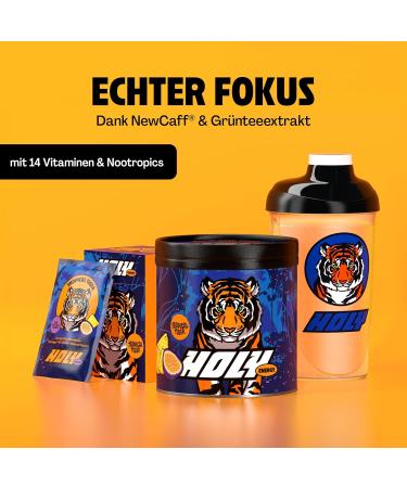 Holy Energy Gaming Booster 'Tropical Tiger' | 50 Portions | Maracuja & Pineapple | Vegan Focus Drink with Newcaff & Green Tea Extract | 100% Natural Fruit Aromas - Buy Online on GoSupps.com