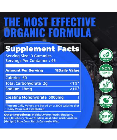 Natures Aid NSF Certified Creatine Gummy 5g - Creatine Monohydrate Gummies Pre-Workout Energy & Muscle Growth Support for Men & Women | Blueberry Electrolyte Gummies (135 Count) Blueberry 135 Count (Pack of 1) - Buy Online on GoSupps.com