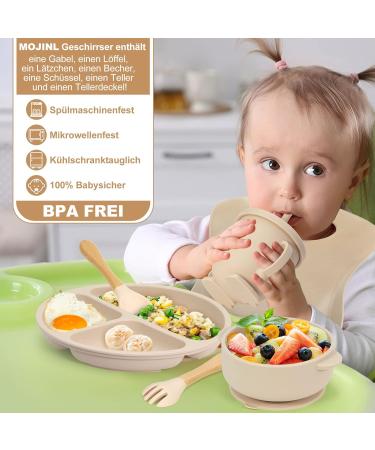 MOJINL Silicone Baby Tableware Set - 7 Piece Non-Slip BPA Free Set with Suction Cups Learning Cutlery Bowl Bib & Plate - Ideal for Toddlers - Beige - Buy Online on GoSupps.com