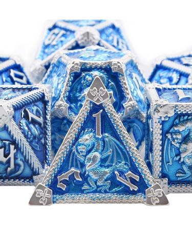 AUSTOR 7-Die Metal DND Dice Set Dungeons and Dragons Dice with Box Roll Playing Game Dice Polyhedral Dice D20 D12 D10 D% D8 D6 D4 Metal Dice for Pathfinder Warhammer MTG RPG Board Games Sky Blue With Silver Edge