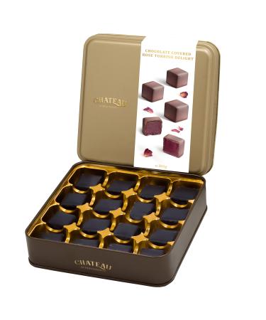 Rose Turkish Delight Lokum Covered with Chocolate In Gift Box Tin 300g 16 pieces Chateau de Mediterranean