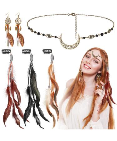 5 Pack Viking Boho Head Moon Chain Crystal Vintage Forehead Jewelry Witch Headpiece Hippie Hair Extensions Clip Comb with Long Tassel Feather Earrings Costume for Party Halloween Women (Mixed Color)