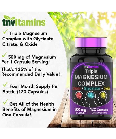Triple Magnesium Complex Supplement 500mg: Magnesium Glycinate Citrate & Oxide - 120 Capsules (4 Month Supply!) | 1 Capsule Serving Provides 125% Daily Value | Non-GMO Made in The USA! - Buy Online on GoSupps.com