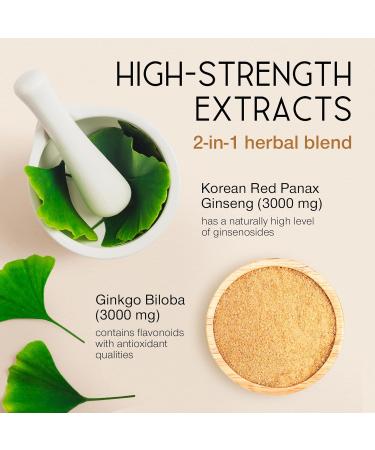 Panax Ginseng Capsules High Strength - 6000mg Korean Red Ginseng & Ginkgo Biloba for Natural Energy & Focus - Vegan & UK Made - 60 Tablets One-a-Day - Premium Ginseng Root Supplements for Men & Women - Buy Online on GoSupps.com