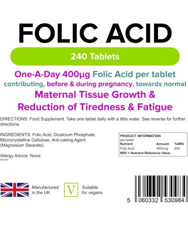 Lindens Folic Acid 400mcg - 240 Vegan Tablets | UK Made to GMP Standards | Supports Pregnancy, Immune Health, Energy & Vitality | Blood Formation & Psychological Function | Amino Acid Supplement - Buy Online on GoSupps.com