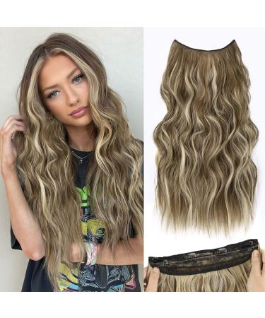 QGZ Invisible Wire Hair Extension with Adjustable Transparent Wire 20 Inch Synthetic Long Wavy Hairpieces for Women with 4 Secure Clips (Chestnut Brown with Beach Blonde Highlights) 20 Inch Chestnut Brown with Beach Blon...