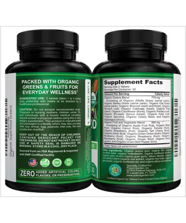 Potent Garden Organic Superfood Greens Fruit and Veggies Supplement Rich in Vitamins & Antioxidants with Alfalfa Beet Root & Tart Cherry to Boost Energy Immunity & Gut Health Greens Tablets 60 Ct - Buy Online on GoSupps.com