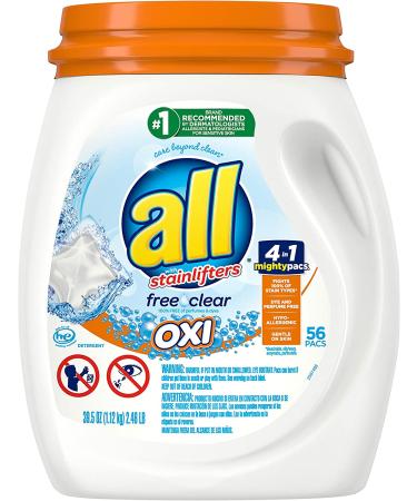 All Mighty Pacs Laundry Detergent with Oxi Stain Removers & Whiteners - Free Clear, 56 Count Tub (Pack of 1) - Buy Online on GoSupps.com