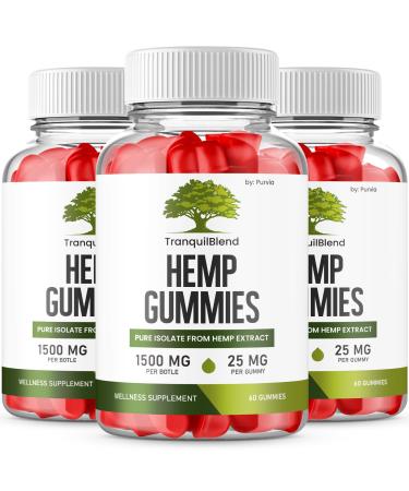 (3 Pack) Tranquil Blend Gummies with Hemp Tranquil Blend Hemp Gummies Extra Strength Formula Maximum Performance Blend Tranquil Blend Gummy Great Taste 1500mg Bottle 25mg Per Gummy (180 Gummies)
