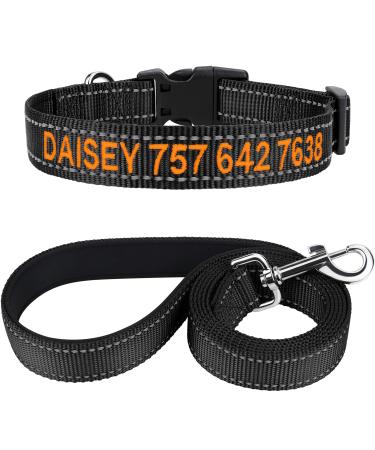 Tagme dog collar and leash personalizing reflective dog collar with 1.5m double -sided reflective dog leash for large dogs black XL (1 -pack) black set