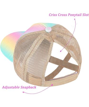 Girls Glitter Baseball Cap - High Ponytail Criss Cross Hat for Kids (Ages 5-15) - Multicolor Shiny Design - Buy Online on GoSupps.com
