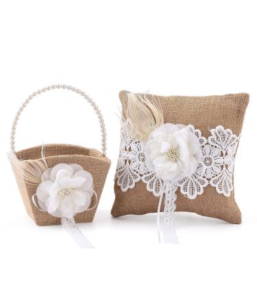 Plcnn 2Pcs Rustic Wedding Flower Basket Burlap Ring Bearer Pillow Flower Girl Set Flower Girl Basket with Pearl Handle Petals Storage Basket for Wedding Ceremony