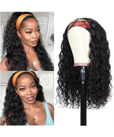20 inch Water Wave Headband Wig Human Hair Wigs for Black Women Glueless None Lace Front Wigs Wet and Wavy Curly Headband Wig 150% Density Brazilian Remy Human Hair
