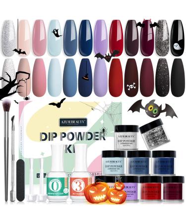 19Pcs AZUREBEAUTY Dip Powder Nail Kit Starter 12 Colors, Pink Blue Nude Winter Dipping Powder System Essential Liquid Set with 2-in-1 Base/Top Coat Ativator for French Nail Art Manicure Salon DIY Home 12 Color-A Urban Night