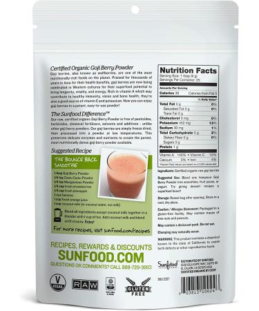 Sunfood Raw Organic Goji Berry Powder 8 oz - Superfood Antioxidant Boost - Buy Online on GoSupps.com