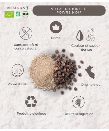 FRISAFRAN | Poivre noir moulu 200g | Poivre pur | Poivre noir moulu biologique | 100% cologique et naturel | Saveur intense | Rago ts sauces salades id aux | Sans additifs | Poivre moulu v g talien - Buy Online on GoSupps.com