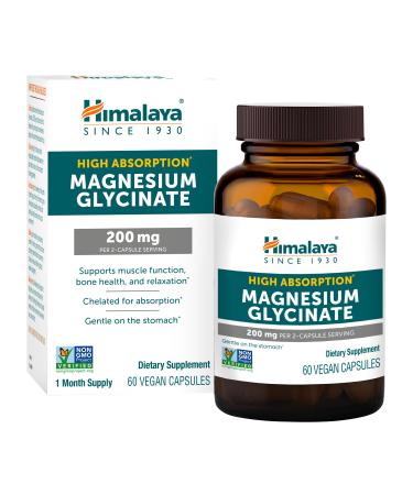 Himalaya Magnesium Glycinate 60 Vegan Capsules High Absorption Dietary Supplement for Muscle Function Bone Health and Relaxation Chelated Non-GMO Gluten-Free 200mg per 2 Capsule Serving