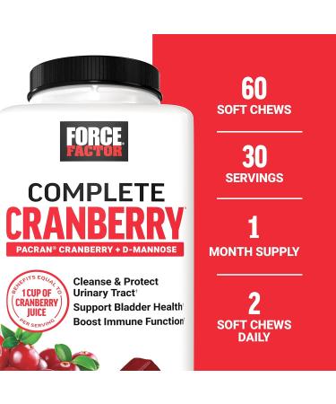 FORCE FACTOR Cranberry Soft Chews, Cranberry Supplement with D Mannose and Cranberry Extract to Support Bladder and Urinary Tract Health for Women, Vegan, Sweet Cranberry Flavor, 60 Soft Chews - Buy Online on GoSupps.com