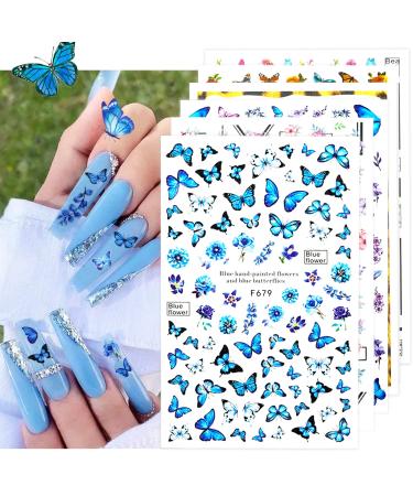Ambesi Butterfly Nail Art Stickers 10 Sheets  3D Self-Adhesive Nail Decals DIY Colorful Nail D cor  Blue Purple Yellow Pink Butterflies Flowers Art Nail Stickers Christmas Gift for Women or Girl