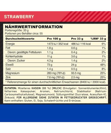 Optimum Nutrition Gold Standard 100% Casein Protein Powder - Strawberry Flavor 55 Portions 1.82 kg | Supports Muscle Growth & Repair Overnight with Zinc Magnesium & Amino Acids - International Shipping Available - Buy Online on GoSupps.com