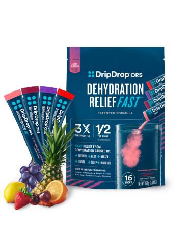 DripDrop ORS Hydration - Electrolyte Powder Packets - Grape, Fruit Punch, Strawberry Lemonade, Cherry - 16 Count Juicy Classics Variety Pack 16 Count (Pack of 1)