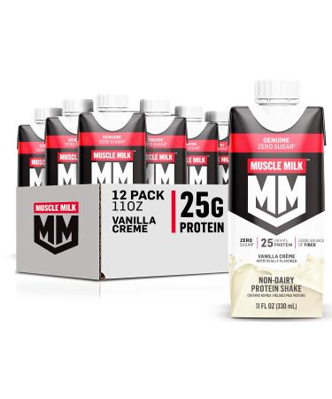 Muscle Milk Genuine Protein Shake, Vanilla Crème, 11 Fl Oz Carton, 12 Pack, 25g Protein, Zero Sugar, Calcium, Vitamins A, C & D, 5g Fiber, Energizing Snack, Workout Recovery, Packaging May Vary